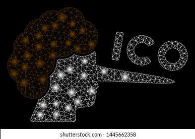 Bright mesh ICO lier with glare effect. Abstract illuminated model of ICO lier icon. Shiny wire carcass triangular mesh ICO lier. Vector abstraction on a black background.