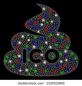 Bright mesh ICO shit with glare effect. White wire frame polygonal mesh in vector format on a black background. Abstract 2d mesh designed with polygonal grid, points, colorful light spots.