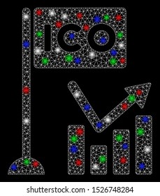 Bright mesh ICO trend chart with glare effect. White wire frame polygonal mesh in vector format on a black background. Abstract 2d mesh created from polygonal grid, points, colored light spots.