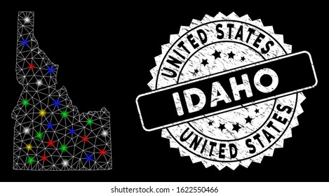 Bright mesh Idaho State map with glow effect, and watermark. Wire frame polygonal Idaho State map network in vector format on a black background. White round watermark with distress surface.