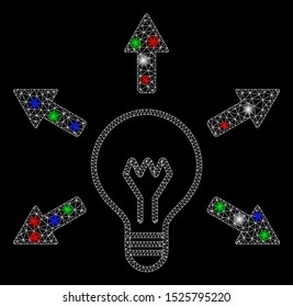 Bright mesh idea bulb with glare effect. White wire frame triangular mesh in vector format on a black background. Abstract 2d mesh built from triangular lines, round dots, colorful light spots.