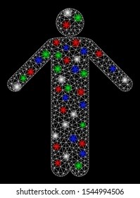 Bright mesh ignorance pose with glare effect. White wire carcass triangular network in vector format on a black background. Abstract 2d mesh designed with triangular lines, points,