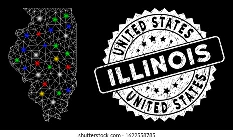 Bright mesh Illinois State map with glow effect, and seal. Wire frame polygonal Illinois State map mesh in vector format on a black background. White round stamp imprint with scratched surface.