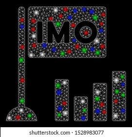 Bright mesh IMO bar chart with glare effect. White wire frame polygonal mesh in vector format on a black background. Abstract 2d mesh designed with polygonal grid, points, colorful flare spots.
