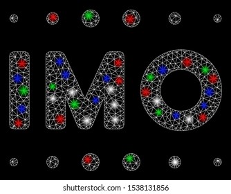 Bright mesh IMO caption with glow effect. White wire carcass triangular mesh in vector format on a black background. Abstract 2d mesh designed with triangular lines, small circle, colored glare spots.