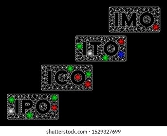 Bright mesh IMO levels with glare effect. White wire carcass triangular mesh in vector format on a black background. Abstract 2d mesh designed with triangular lines, small circle, colored flare spots.