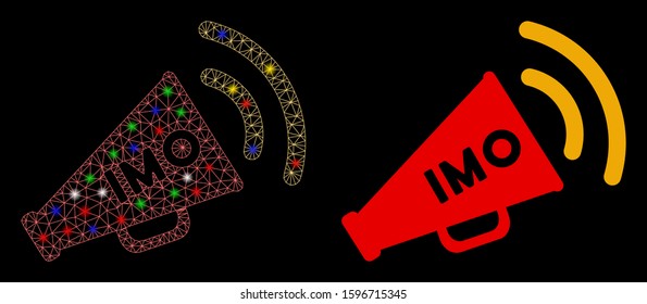 Bright mesh IMO megaphone alert icon with glitter effect. Abstract illuminated model of IMO megaphone alert. Shiny wire frame triangular mesh IMO megaphone alert icon.