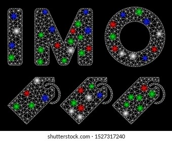 Bright mesh IMO tags with glow effect. White wire frame polygonal mesh in vector format on a black background. Abstract 2d mesh designed with polygonal grid, dots, colored glare spots.