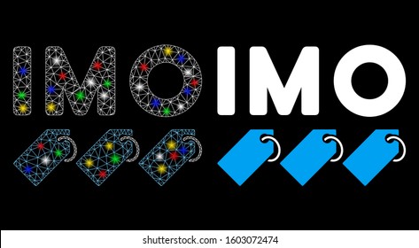 Bright mesh IMO tags icon with glow effect. Abstract illuminated model of IMO tags. Shiny wire frame polygonal network IMO tags icon. Vector abstraction on a black background.
