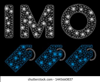 Bright mesh IMO tags with sparkle effect. Abstract illuminated model of IMO tags icon. Shiny wire carcass triangular mesh IMO tags. Vector abstraction on a black background.