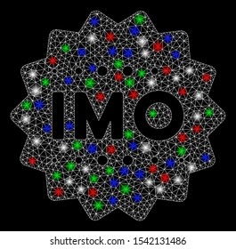 Bright mesh IMO token with lightspot effect. White wire frame triangular mesh in vector format on a black background. Abstract 2d mesh designed with triangular lines, round dots, colorful light spots.