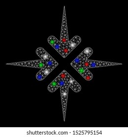 Bright mesh impact arrows with glare effect. White wire frame polygonal mesh in vector format on a black background. Abstract 2d mesh designed with polygonal grid, small circle, colored light spots.