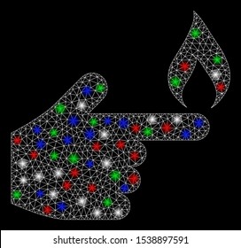 Bright mesh index finger fire with lightspot effect. White wire frame triangular mesh in vector format on a black background. Abstract 2d mesh designed with triangular lines, spheric points,
