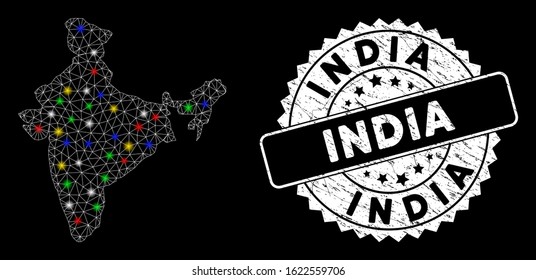 Bright mesh India map with glare effect, and stamp. Wire frame polygonal India map mesh in vector format on a black background. White round stamp imprint with distress texture.