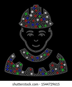 Bright mesh industrial builder with glow effect. White wire frame polygonal mesh in vector format on a black background. Abstract 2d mesh designed with triangles, round dots, colored light spots.