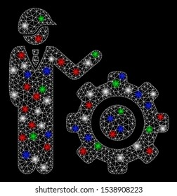 Bright mesh industrial gear engineer with glow effect. White wire carcass polygonal network in vector format on a black background. Abstract 2d mesh designed with polygonal grid, spheric points,