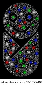 Bright mesh infant with glare effect. White wire frame triangular network in vector format on a black background. Abstract 2d mesh designed with triangular lines, spheric points, colorful flash spots.
