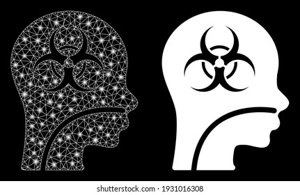 Bright mesh infected patient with glare effect. Abstract illuminated model based on infected patient icon. Shiny wire frame triangular mesh infected patient. Vector abstraction on a black background.