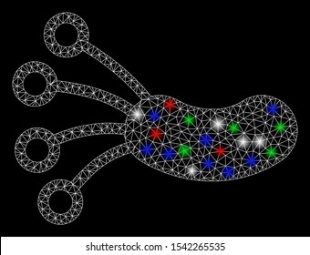 Bright mesh infection microbe with glare effect. White wire frame triangular mesh in vector format on a black background. Abstract 2d mesh created from triangular lines, spheric points,
