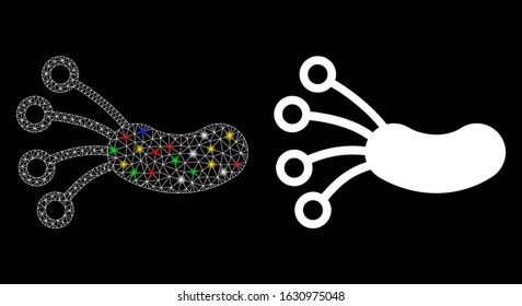 Bright mesh infection microbe icon with sparkle effect. Abstract illuminated model of infection microbe. Shiny wire carcass triangular mesh infection microbe icon.