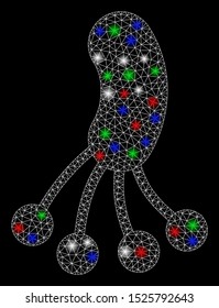 Bright mesh infection microbe with lightspot effect. White wire carcass polygonal mesh in vector format on a black background. Abstract 2d mesh designed with polygonal grid, spheric points,