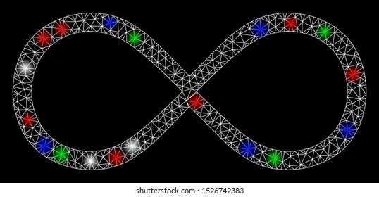 Bright mesh infinity with glare effect. White wire frame triangular mesh in vector format on a black background. Abstract 2d mesh designed with triangular lines, small circle, colorful flare spots.