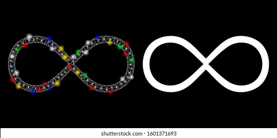 Bright mesh infinity icon with glare effect. Abstract illuminated model of infinity. Shiny wire frame polygonal network infinity icon. Vector abstraction on a black background.