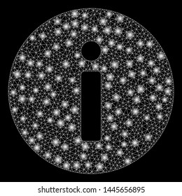 Bright mesh info with glare effect. Abstract illuminated model of info icon. Shiny wire frame triangular mesh info. Vector abstraction on a black background.