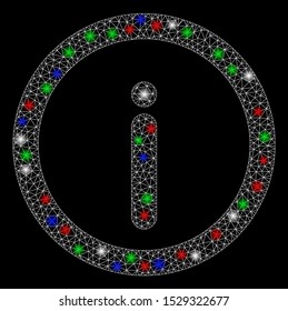 Bright mesh info with glow effect. White wire carcass triangular mesh in vector format on a black background. Abstract 2d mesh created from triangular lines, small circle, colored flash spots.