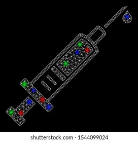Bright mesh injection with glow effect. White wire carcass triangular network in vector format on a black background. Abstract 2d mesh designed with triangular lines, small circle,