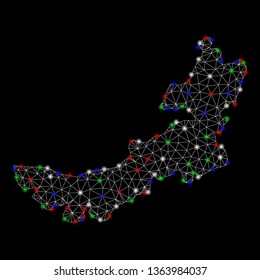 Bright mesh Inner Mongolia map with lightspot effect. Wire carcass triangular mesh in vector format on a black background. Abstract 2d mesh built from triangular lines, spheric points,