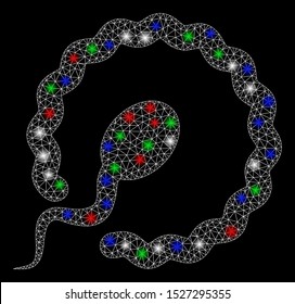 Bright mesh insemination with glow effect. White wire carcass polygonal mesh in vector format on a black background. Abstract 2d mesh designed with polygonal grid, small circle, colorful flash spots.