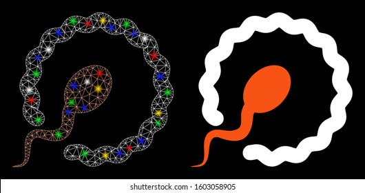 Bright mesh insemination icon with sparkle effect. Abstract illuminated model of insemination. Shiny wire frame polygonal mesh insemination icon. Vector abstraction on a black background.