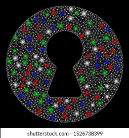 Bright mesh inside with lightspot effect. White wire frame polygonal mesh in vector format on a black background. Abstract 2d mesh designed with polygonal grid, spheric points, colorful flare spots.