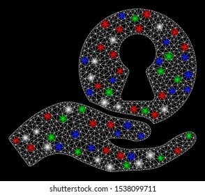 Bright mesh insider hand with glow effect. White wire frame polygonal network in vector format on a black background. Abstract 2d mesh designed with polygonal grid, round dots, colorful flare spots.