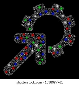 Bright mesh integration cog with lightspot effect. White wire carcass polygonal mesh in vector format on a black background. Abstract 2d mesh designed with triangles, round dots, colored flare spots.
