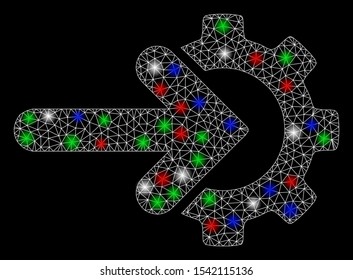 Bright mesh integration gear with glow effect. White wire carcass polygonal mesh in vector format on a black background. Abstract 2d mesh designed with polygonal grid, points, colored light spots.