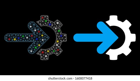 Bright mesh integration gear icon with sparkle effect. Abstract illuminated model of integration gear. Shiny wire carcass polygonal mesh integration gear icon.