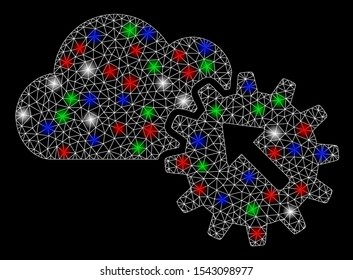 Bright mesh integration with lightspot effect. White wire frame polygonal mesh in vector format on a black background. Abstract 2d mesh designed with polygonal grid, round dots, colorful glare spots.