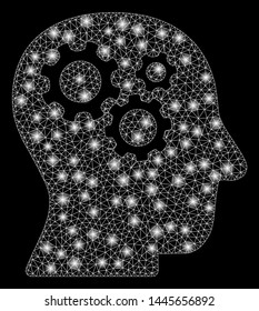 Bright mesh intellect gears with glow effect. Abstract illuminated model of intellect gears icon. Shiny wire carcass triangular mesh intellect gears. Vector abstraction on a black background.