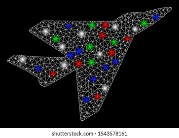 Bright mesh intercepter with glare effect. White wire carcass polygonal mesh in vector format on a black background. Abstract 2d mesh created from polygonal grid, spheric points, colored glare spots.