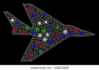 Bright mesh intercepter plane with glare effect. White wire frame triangular mesh in vector format on a black background. Abstract 2d mesh designed with triangular lines, points, colorful flash spots.