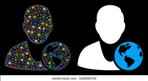 Bright mesh international manager icon with lightspot effect. Abstract illuminated model of international manager. Shiny wire carcass polygonal mesh international manager icon.