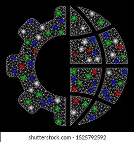Bright mesh international manufacture with glow effect. White wire carcass polygonal mesh in vector format on a black background. Abstract 2d mesh designed with polygonal grid, spheric points,