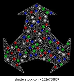 Bright mesh intersection directions with lightspot effect. White wire frame polygonal mesh in vector format on a black background. Abstract 2d mesh built from polygonal grid, spheric points,