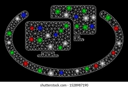 Bright mesh intranet computers with glare effect. White wire carcass polygonal mesh in vector format on a black background. Abstract 2d mesh designed with polygonal grid, round dots,