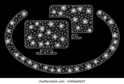 Bright mesh intranet computers with glow effect. Abstract illuminated model of intranet computers icon. Shiny wire carcass triangular mesh intranet computers. Vector abstraction on a black background.
