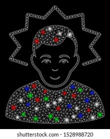 Bright mesh inventor with glare effect. White wire carcass triangular mesh in vector format on a black background. Abstract 2d mesh created from triangular lines, small circle, colored glare spots.