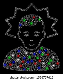 Bright mesh inventor with glow effect. White wire frame polygonal mesh in vector format on a black background. Abstract 2d mesh designed with polygonal grid, points, colorful light spots.