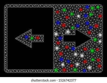 Bright mesh invert with glow effect. White wire carcass polygonal mesh in vector format on a black background. Abstract 2d mesh designed with polygonal grid, points, colorful light spots.